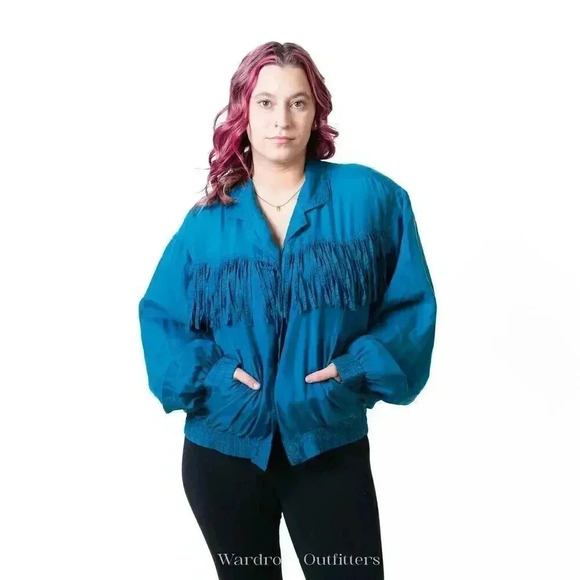 Vintage 80s Western Fringe Tassel Bright Blue Jacket - Picture 6 of 8